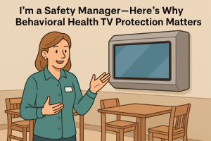 Illustration of a female behavioral health safety manager explaining the importance of TV protection, with a secure wall-mounted TV in a patient dayroom.