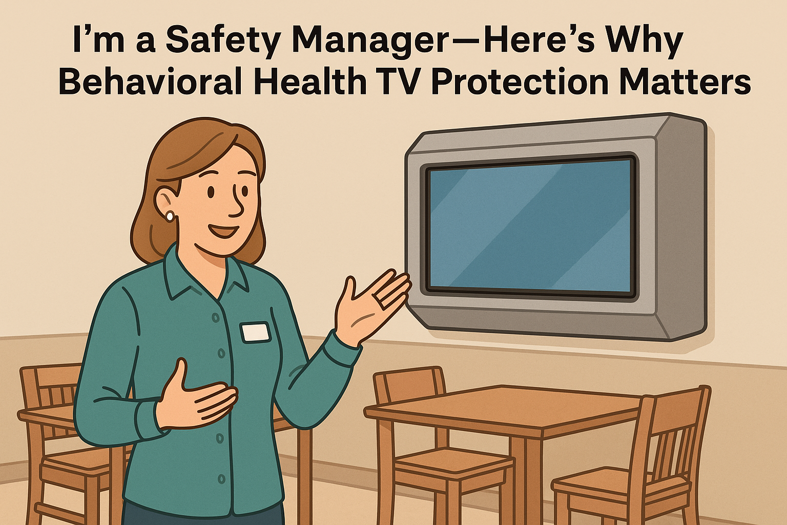 Illustration of a female behavioral health safety manager explaining the importance of TV protection, with a secure wall-mounted TV in a patient dayroom.